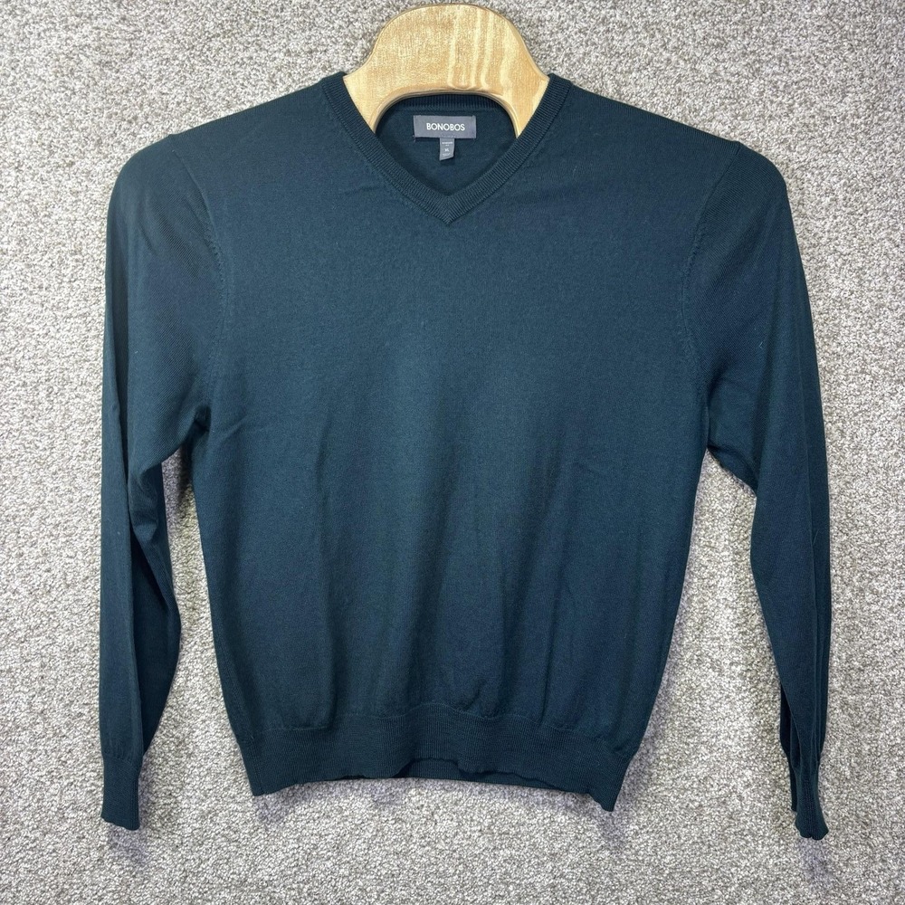 Bonobos Sweater Mens XL Green 100% Merino Wool V Neck Knit Pullover Lightweight